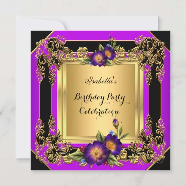 Elegante Purple Flowers Gold Black Birthday Party Einladung (Vorderseite)