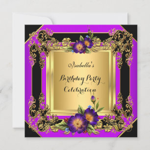 Elegante Purple Flowers Gold Black Birthday Party Einladung