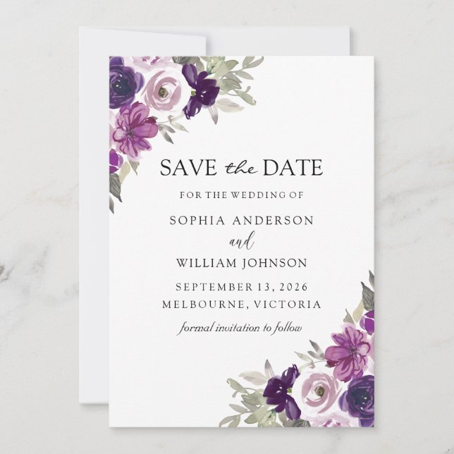Elegante Purple Flowers Winterhochzeit Save The Date (Vorderseite)