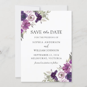 Elegante Purple Flowers Winterhochzeit Save The Date
