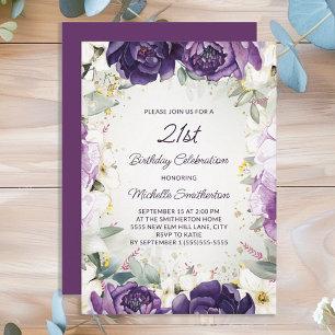 Elegante purpurweiße Blumen-Glitter 21. Geburtstag Einladung