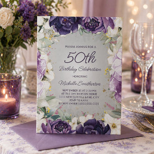Elegante purpurweiße Blumen-Glitter 50. Geburtstag Einladung