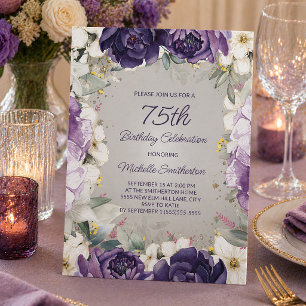 Elegante purpurweiße florale Glitter 75. Geburtsta Einladung