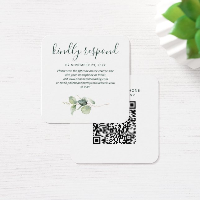 Elegante QR-Code-Eukalyptus-RSVP-Beilagekarte (Schreibtisch)