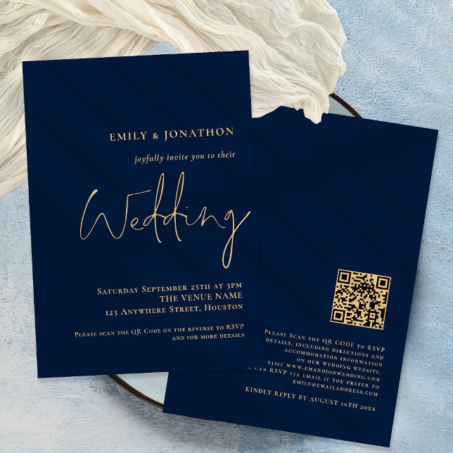 Elegante QR-Code-Hochzeits-Einladung Navy Gold Sch Einladung (Von Creator hochgeladen)