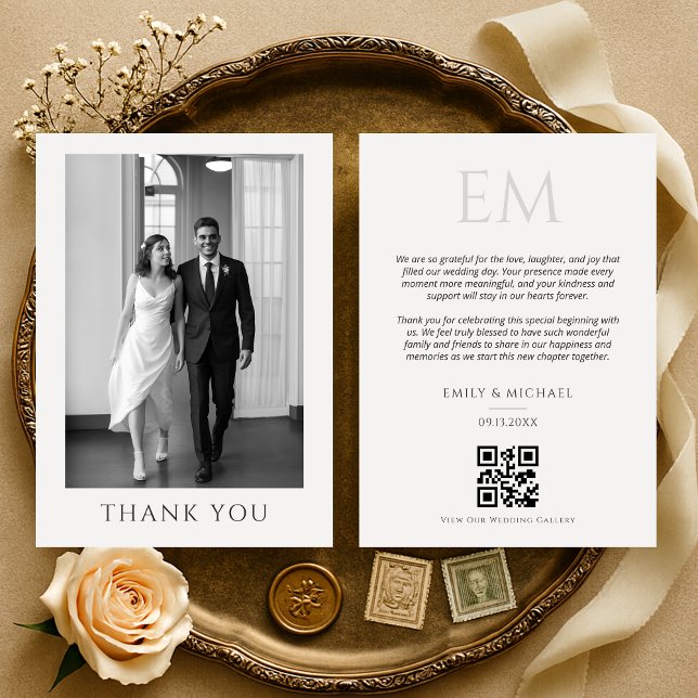 Elegante QR-Code-Hochzeitsfoto-Monogramm-Dankeschö Dankeskarte (Von Creator hochgeladen)