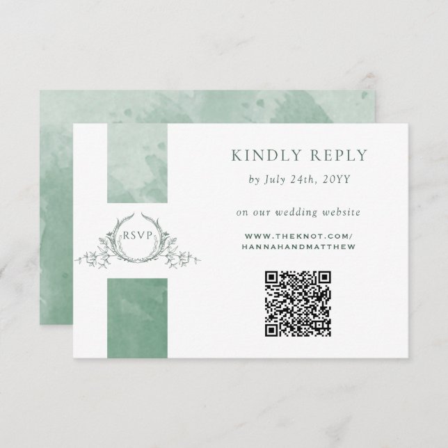 Elegante QR Code UAWG Green Monogram Wedding Begleitkarte (Vorne/Hinten)