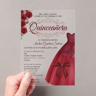 Elegante Quinceanera 15. Geburtstag Rot Burgunder Acryleinladungen