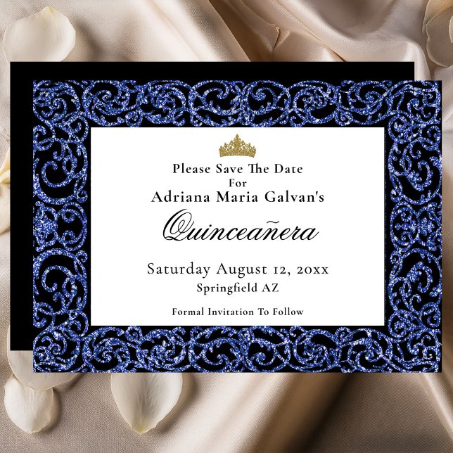 Elegante Quinceanera Blaue Scrollwork Save-The-Dat Save The Date (Von Creator hochgeladen)
