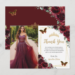 Elegante Quinceañera Burgunderrote Rosen Florales Dankeskarte