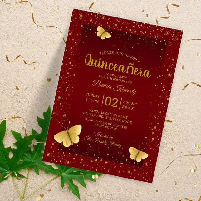 Elegante Quinceanera Burgundy und Goldbarren Acryleinladungen (Elegant Quinceanera Burgundy And Gold Butterflies Acrylic Invitations
)