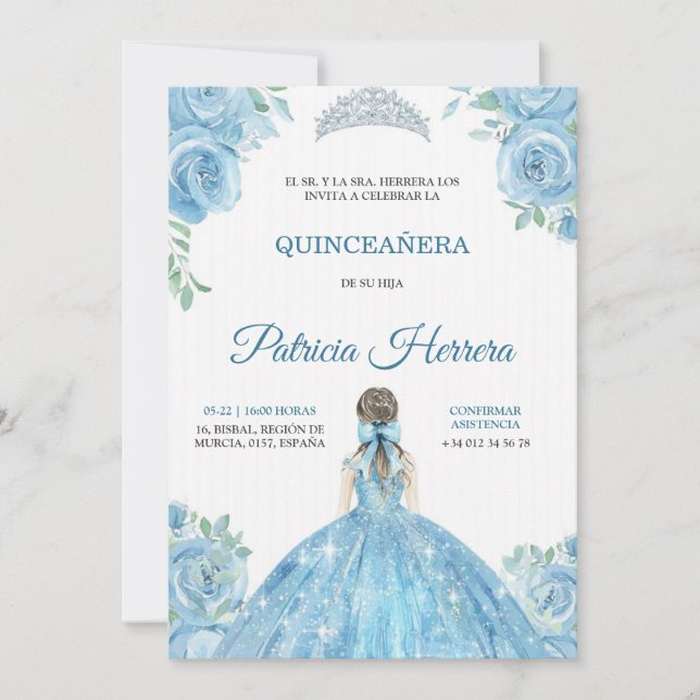 Elegante Quinceanera-Einladung blaues Blumendesign Einladung (Vorderseite)