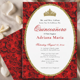 Elegante Quinceanera-Einladung Gold Rot Floral  Einladung