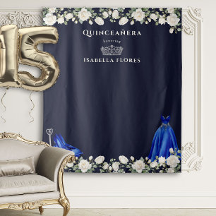 Elegante Quinceanera Florale Prinzessin Dunkelblau Wandteppich