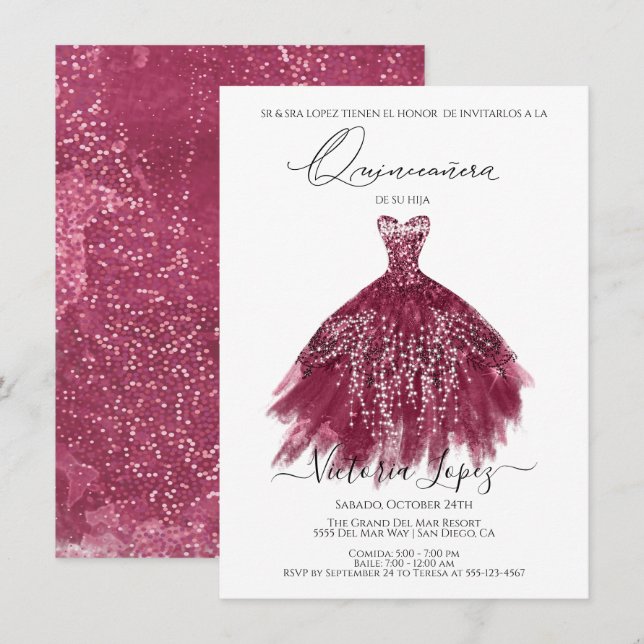 Elegante Quinceañera Glitzer Sparkle Spanische Ruh Einladung (Vorne/Hinten)