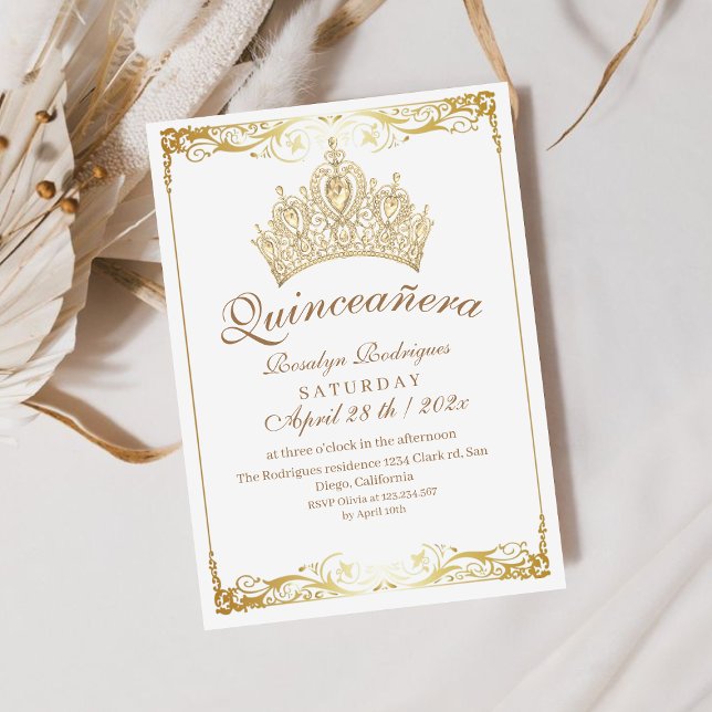 Elegante Quinceañera Goldkrone Weißer Einladung (Von Creator hochgeladen)