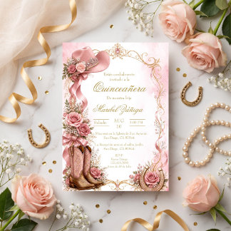 Elegante Quinceañera im Cowboy-Stil in Rosa und Go Einladung