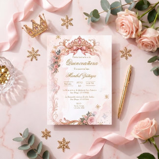 Elegante Quinceañera in Rosa und Gold Einladung