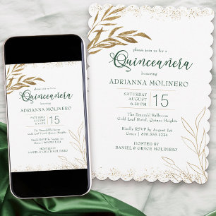 Elegante Quinceanera in Smaragdgrün und Goldblatt Einladung