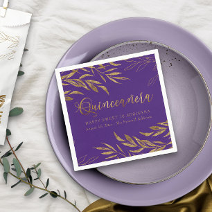 Elegante Quinceanera Lila und Goldblatt Serviette