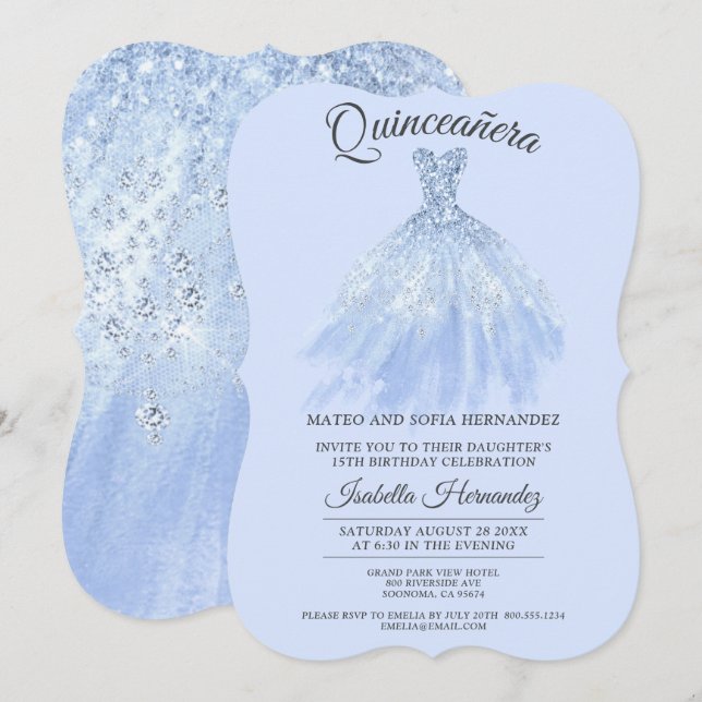 Elegante Quinceanera Mis Quince Blue Violet Glitze Einladung (Vorne/Hinten)