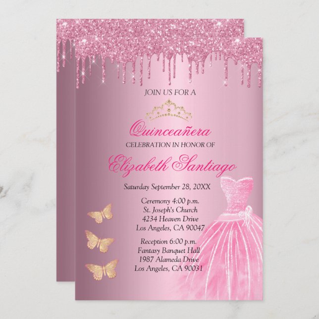 Elegante Quinceañera Pink und Gold Glitzer Tropfen Einladung (Vorne/Hinten)