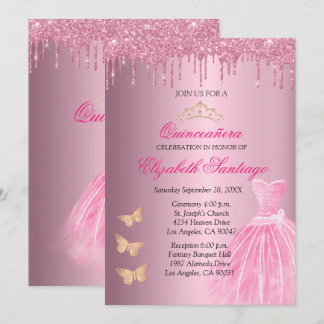 Elegante Quinceañera Pink und Gold Glitzer Tropfen Einladung