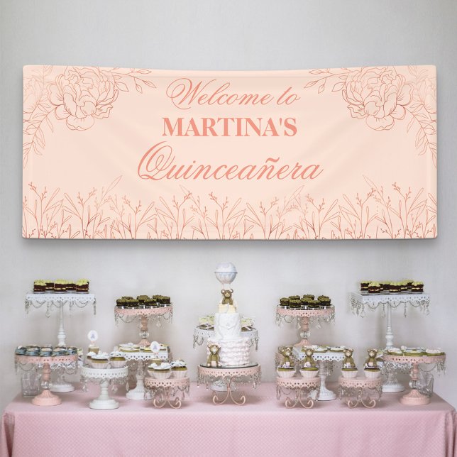 Elegante Quinceanera Rosa Rose Gold Floral Willkom Banner (Von Creator hochgeladen)