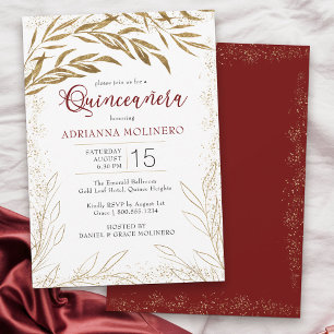 Elegante Quinceanera Rot und Gold Blätter Einladung