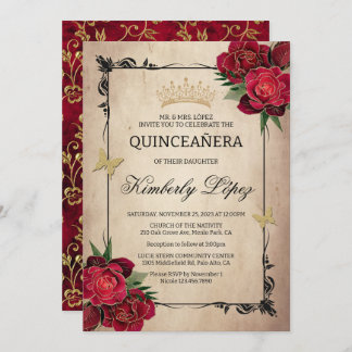 Elegante Quinceanera Rote Rose Einladung