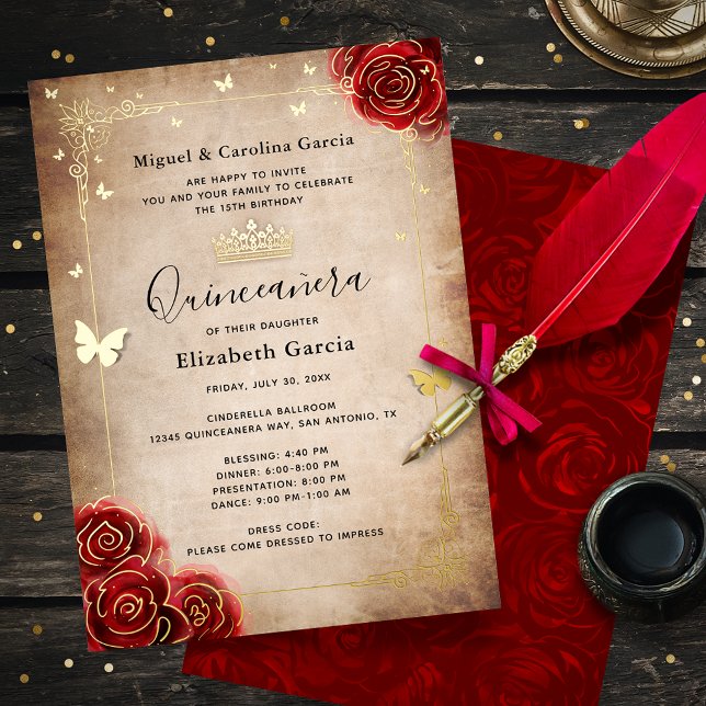 Elegante Quinceanera Rote Rose Gold Folieneinladung (Elegant, personalized red Quinceanera invitations that sparkle with real gold foil.)