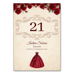 Elegante Quinceanera-Rote Rosen Florale Burgunder Tischnummer