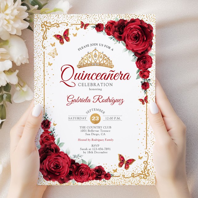 Elegante Quinceanera Rote Rosen Gold White Einladung (Von Creator hochgeladen)