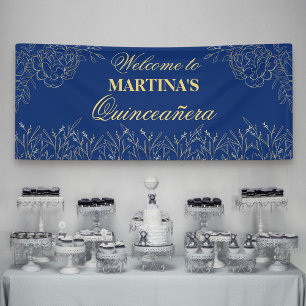 Elegante Quinceanera Royal Blau Gold Blumen Begrüß Banner