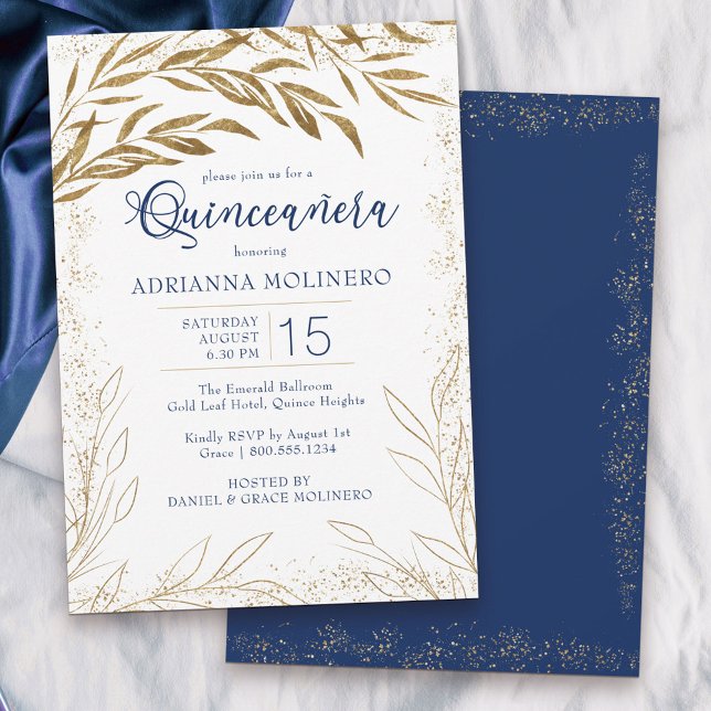 Elegante Quinceanera Royal Blue and Gold Blätter Einladung (Modern Quinceanera invitation in white, blue and gold from my Gold Leaf Collection)
