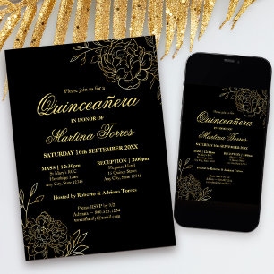 Elegante Quinceanera Schwarz und Gold Skizze Flora Einladung