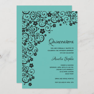 Elegante Quinceañera Schwarz und Türkis Einladung