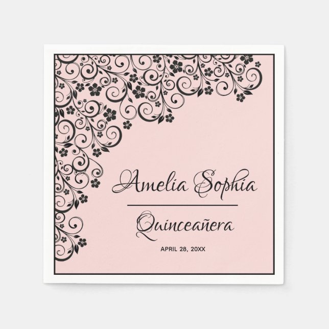 Elegante Quinceañera Schwarze Wirbel auf Rosa Rosa Serviette (Vorderseite)