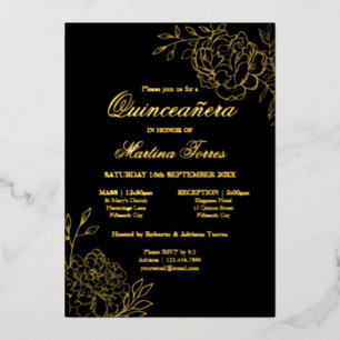 Elegante Quinceanera Sketch Blumen Schwarz und Gol Folieneinladung