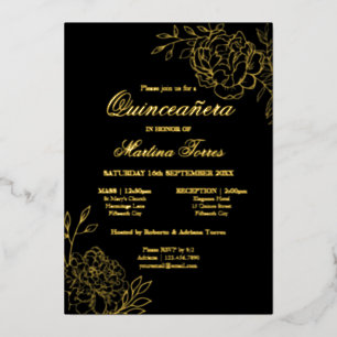 Elegante Quinceanera-Skizze Floral Schwarz und Gol Folieneinladung