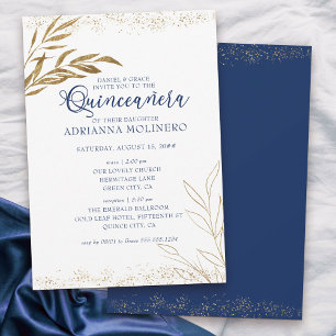 Elegante Quinceanera und königsblaue Goldblatt-Mes Einladung