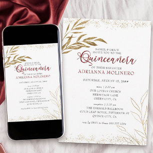 Elegante Quinceanera und Messe Rot und Gold Blatt Einladung