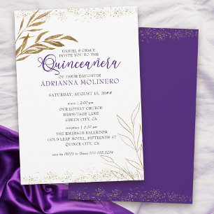 Elegante Quinceanera und Messe Violett und Goldbla Einladung
