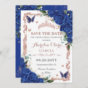 Elegante Quinceñera Royal Blue Floral Rose Gold Save The Date
