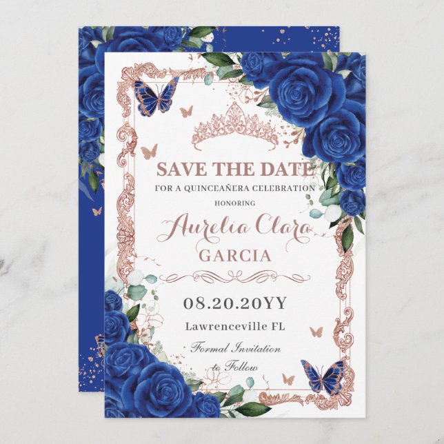 Elegante Quinceñera Royal Blue Floral Rose Gold Save The Date (Vorne/Hinten)