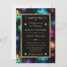 Elegante Rainbow Fireworks Gold Frame Wedding Einladung