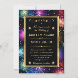 Elegante Rainbow Fireworks Gold Frame Wedding Einladung