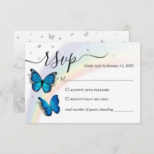 Elegante Rainbow Silver and Blue Butterfly Wedding RSVP Karte