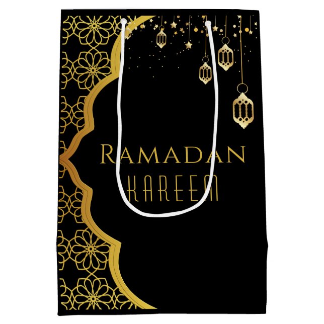 Elegante Ramadan Kareem Black Gold Medium Geschenk Mittlere Geschenktüte (Rückseite)