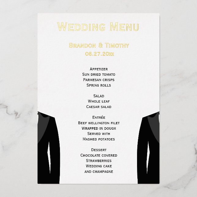 Elegante Real Gold Foil Gay Wedding Menu Cards Folieneinladung (Vorderseite)
